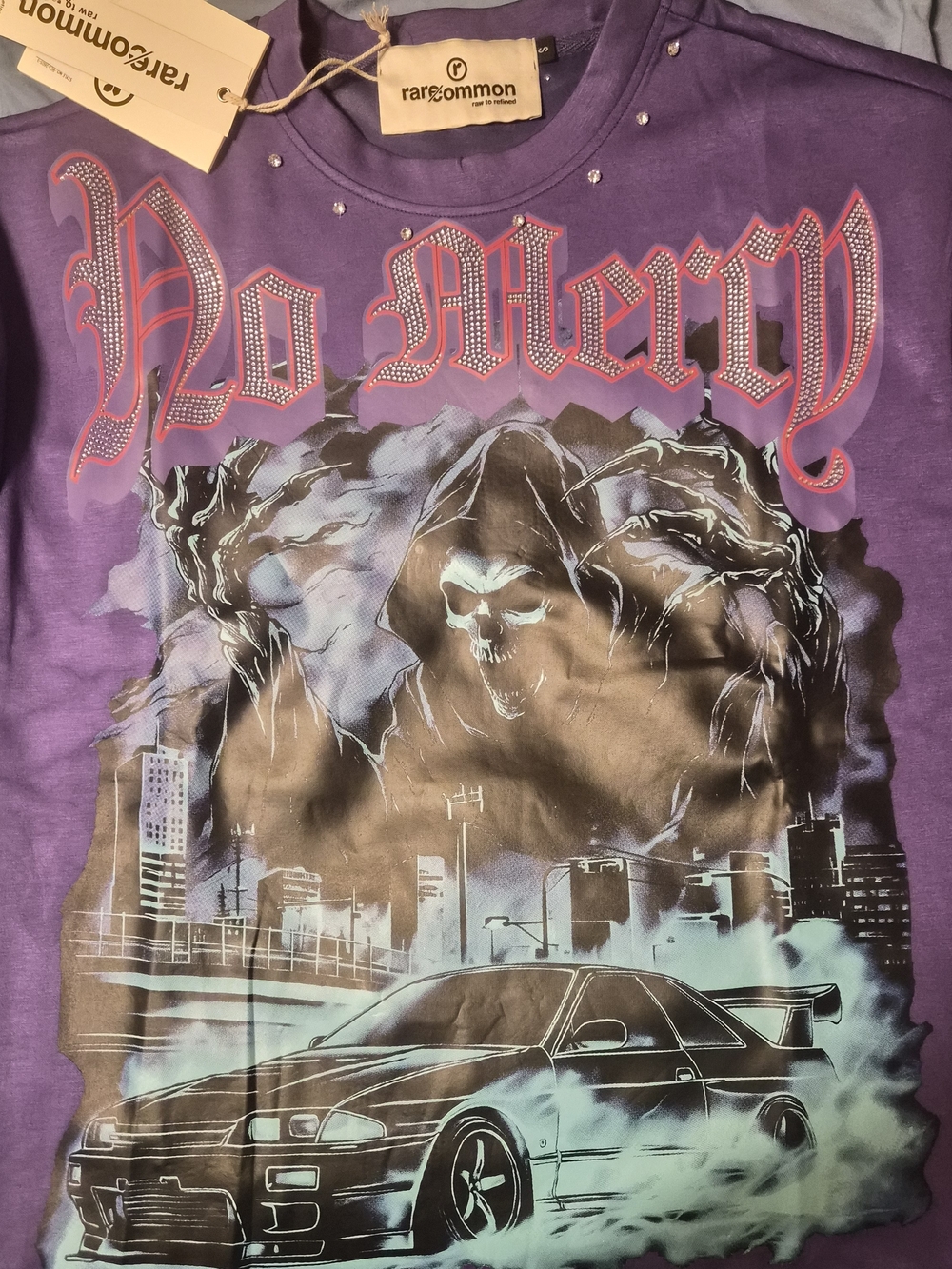 Rare/common Men’s Graphic Tee - Purple Rhinestone “No Mercy”